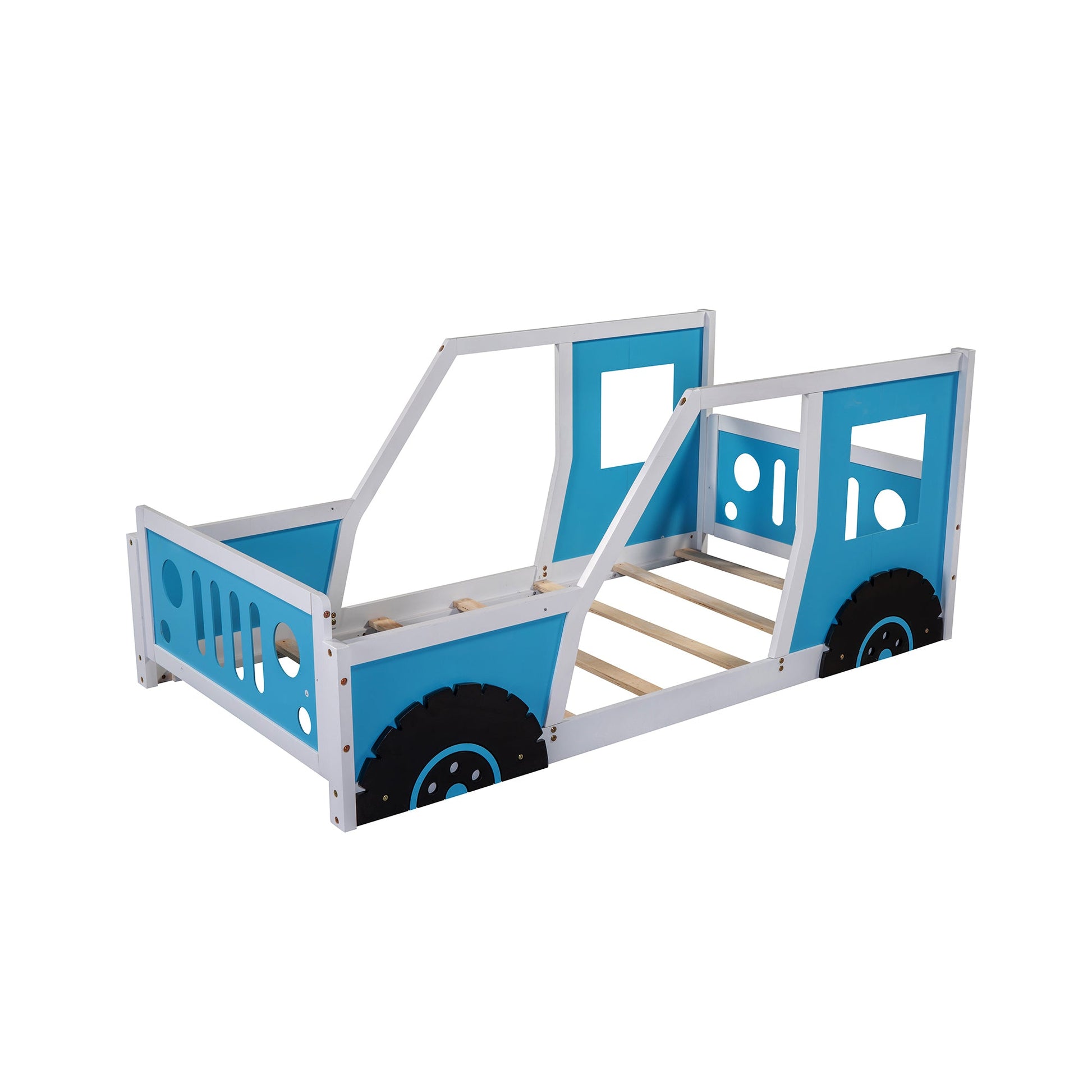 Twin Size Classic Car-Shaped Platform Bed with Wheels,Blue