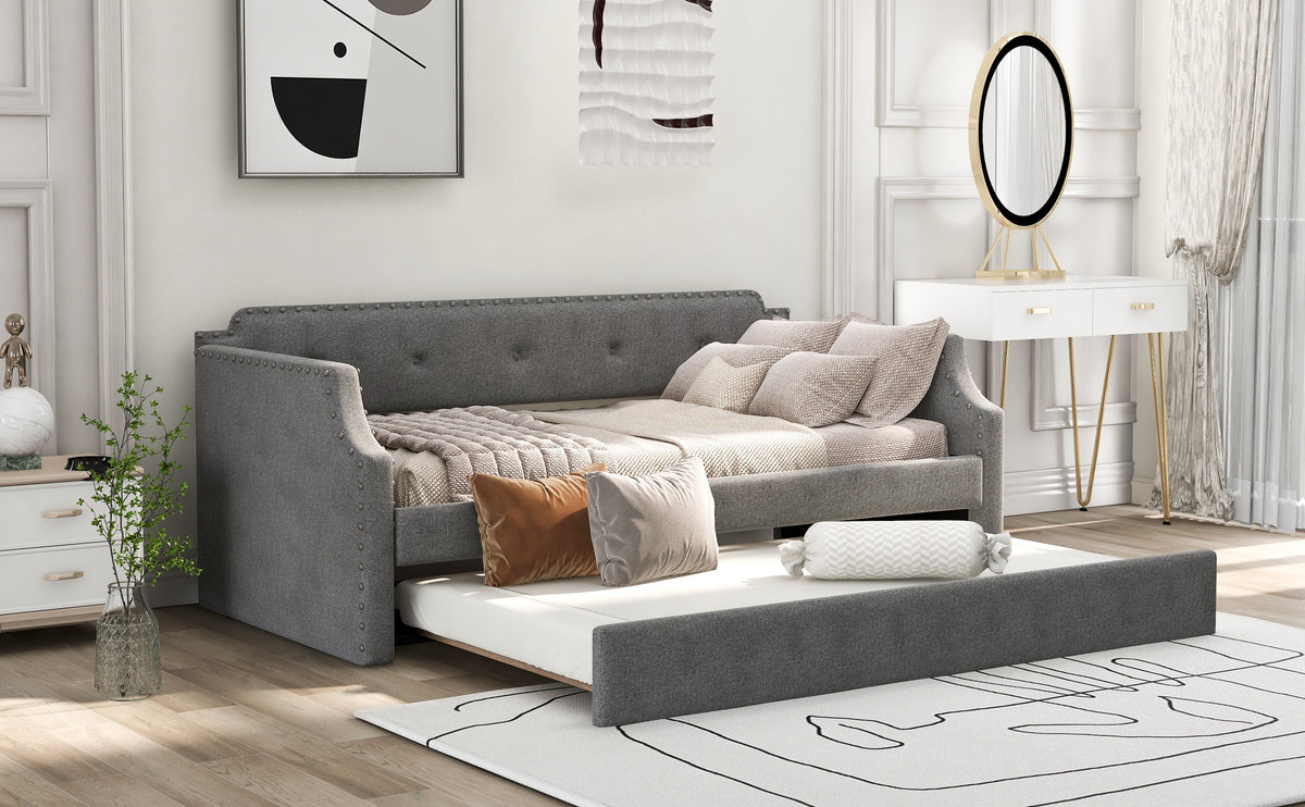 Gray Linen Twin Daybed & Trundle with Nailhead Trim