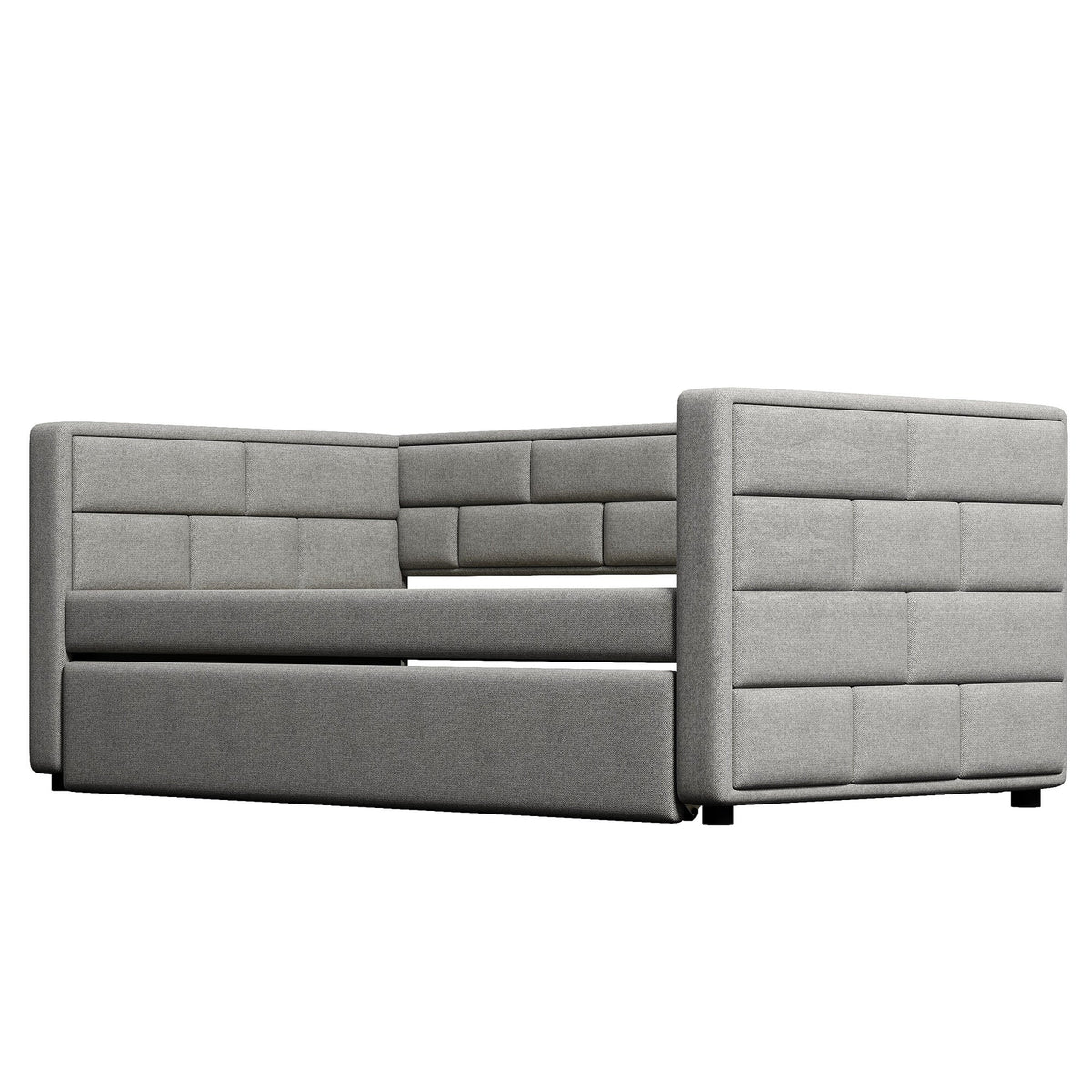 Twin Size Daybed with Trundle in Cube Tufted Gray Upholstery