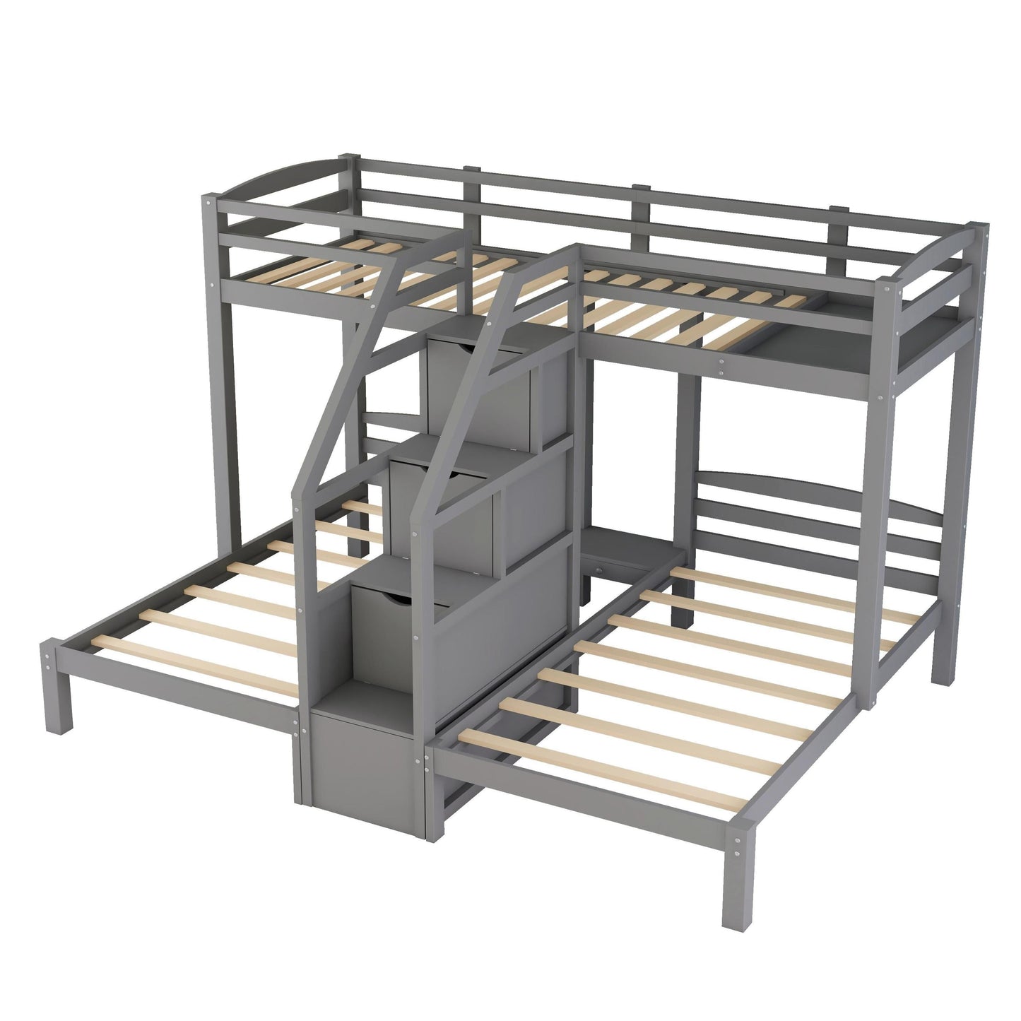 Twin over Twin & Twin Bunk Bed with Built-in Staircase and Storage in Gray