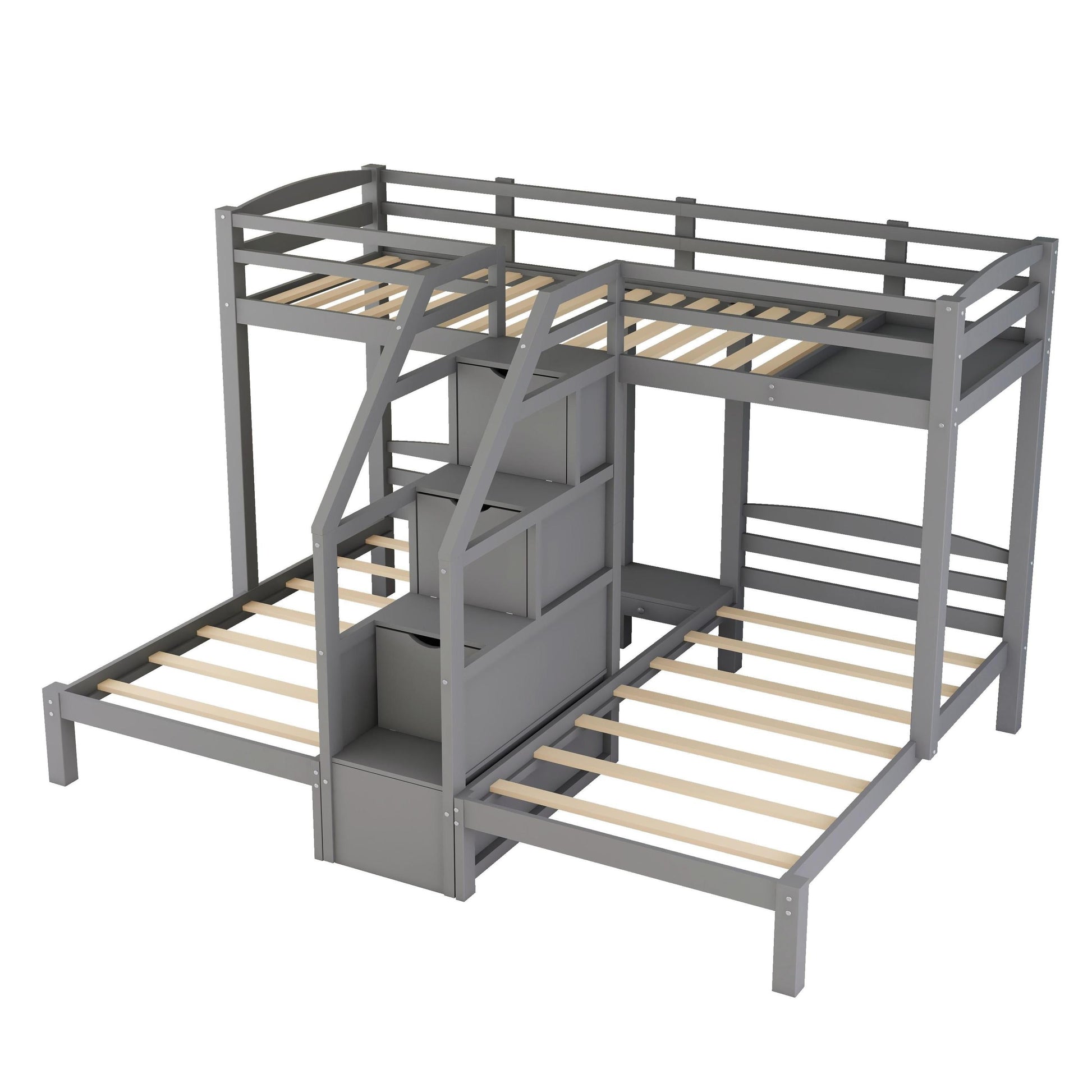 Twin over Twin & Twin Bunk Bed with Built-in Staircase and Storage in Gray