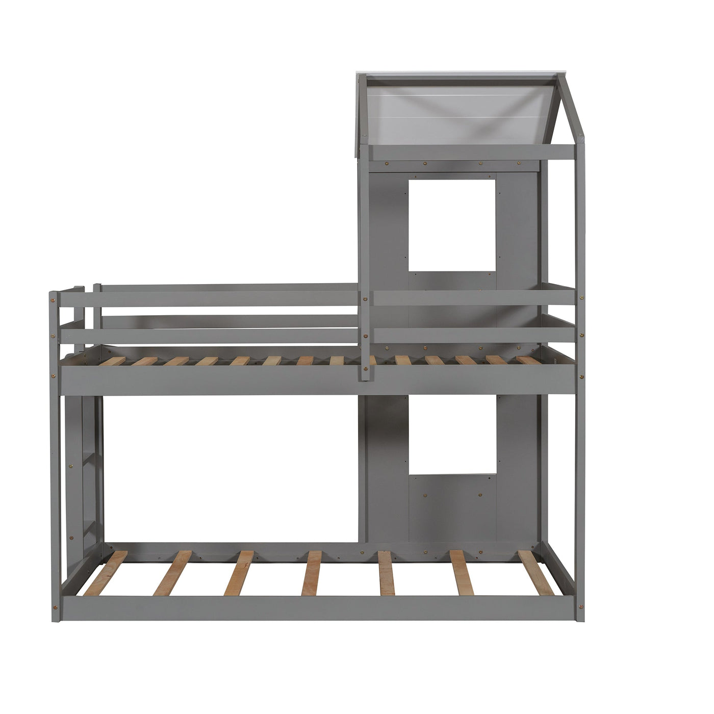 Twin Over Twin Bunk Bed Wood Bed with Roof, Window, Guardrail, Ladder Gray & White