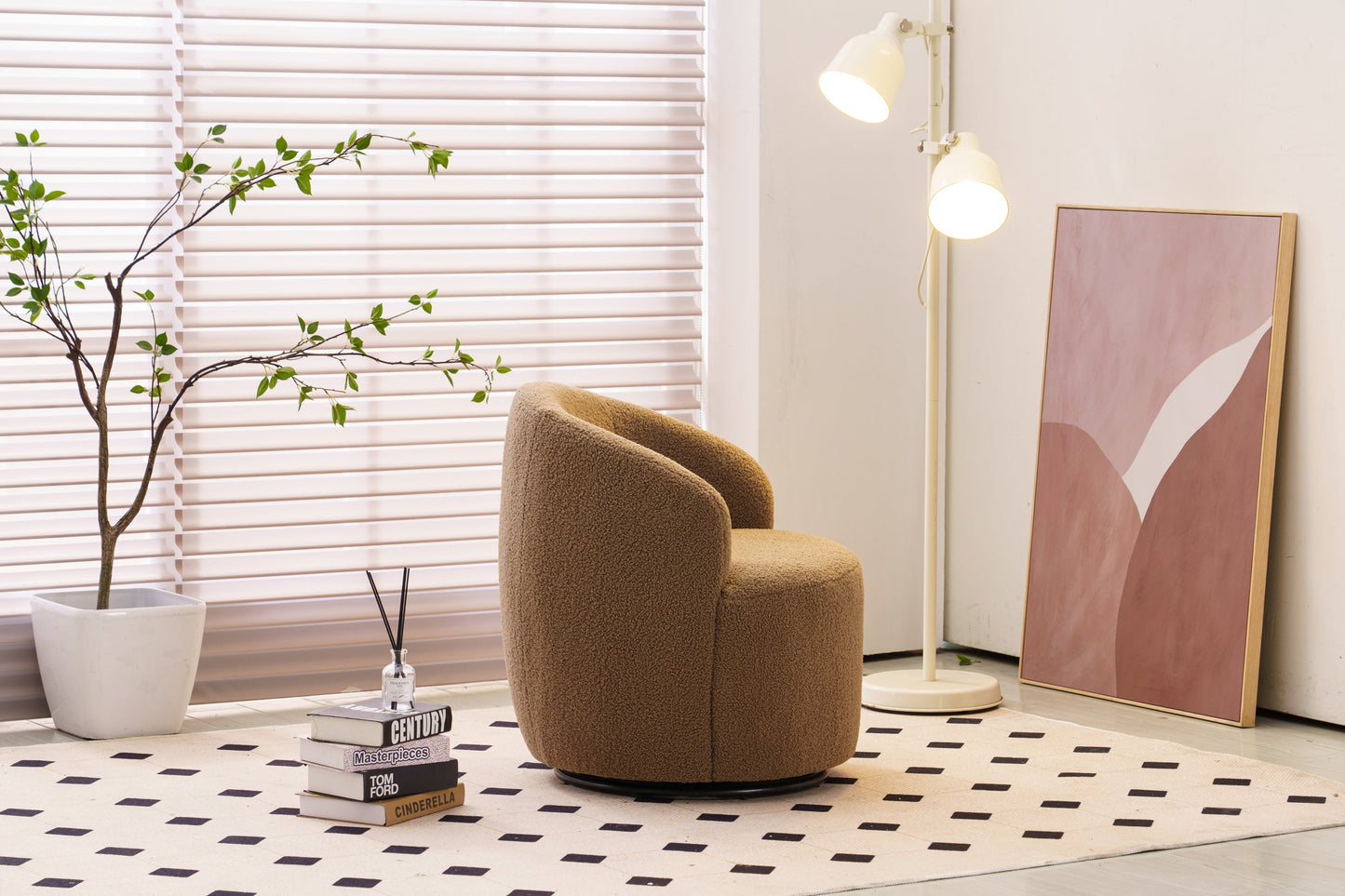 Chocolate Teddy Fabric Swivel Barrel Chair
