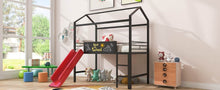Metal House Bed With Slide, Twin Size Metal Loft Bed with Two-sided writable Wooden Board Black and Red