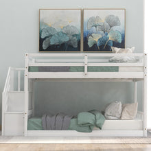 Twin over Twin Floor Bunk Bed, Ladder with Storage, White