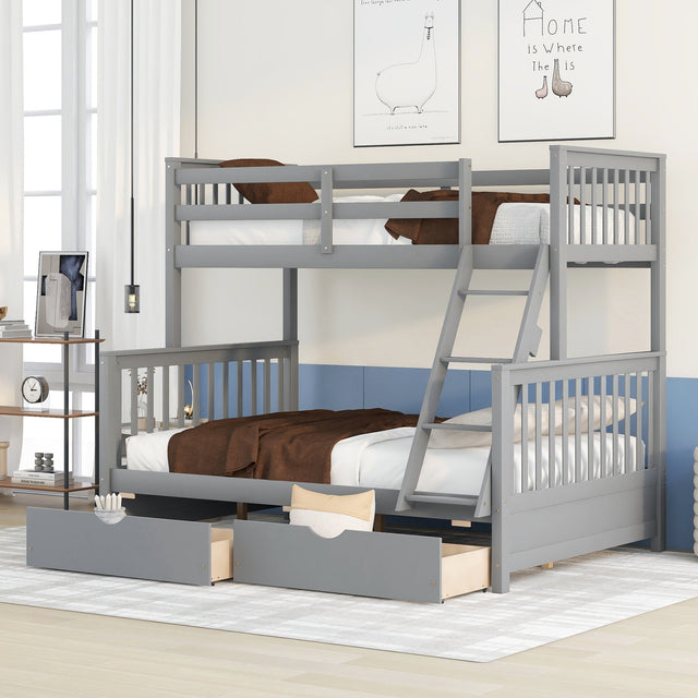 Twin-Over-Full Bunk Bed with Ladders and Two Storage Drawers Gray