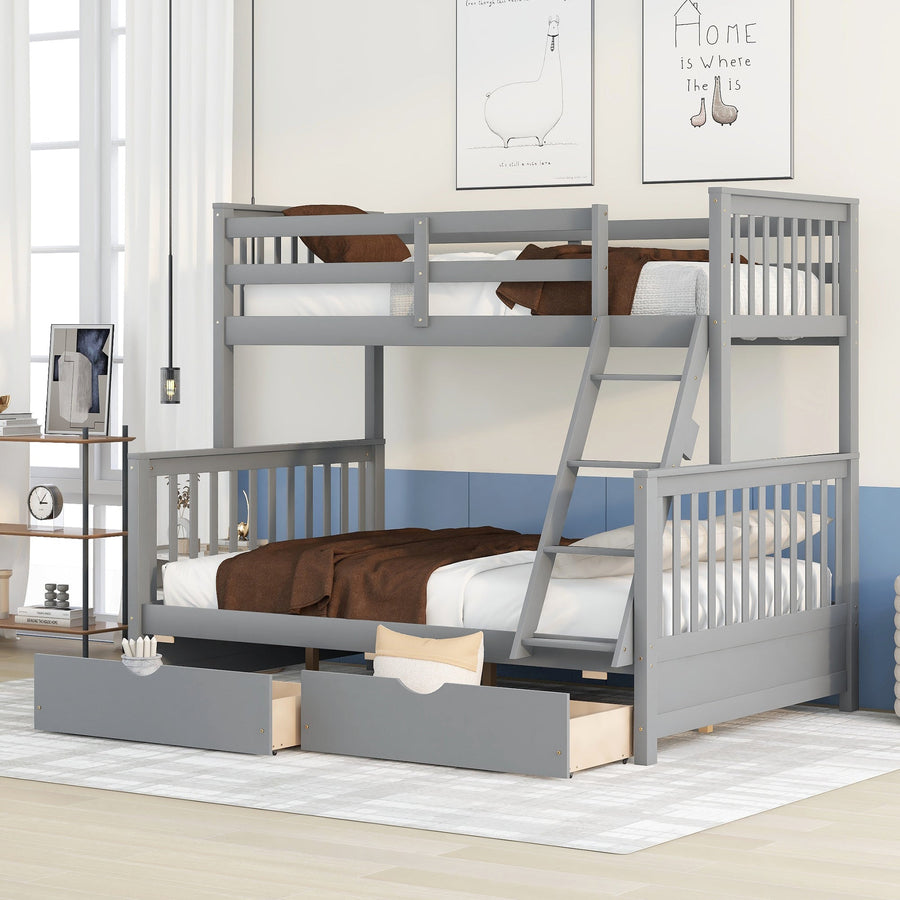 Twin-Over-Full Bunk Bed with Ladders and Two Storage Drawers Gray
