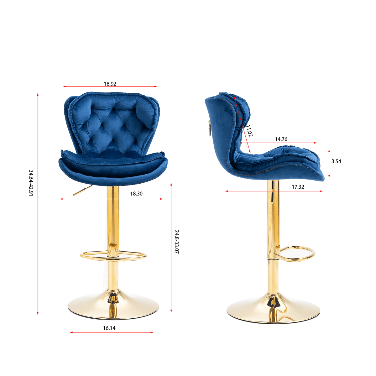 Modern Adjustable Height Tufted Velvet Swivel Bar Stools Set of 2