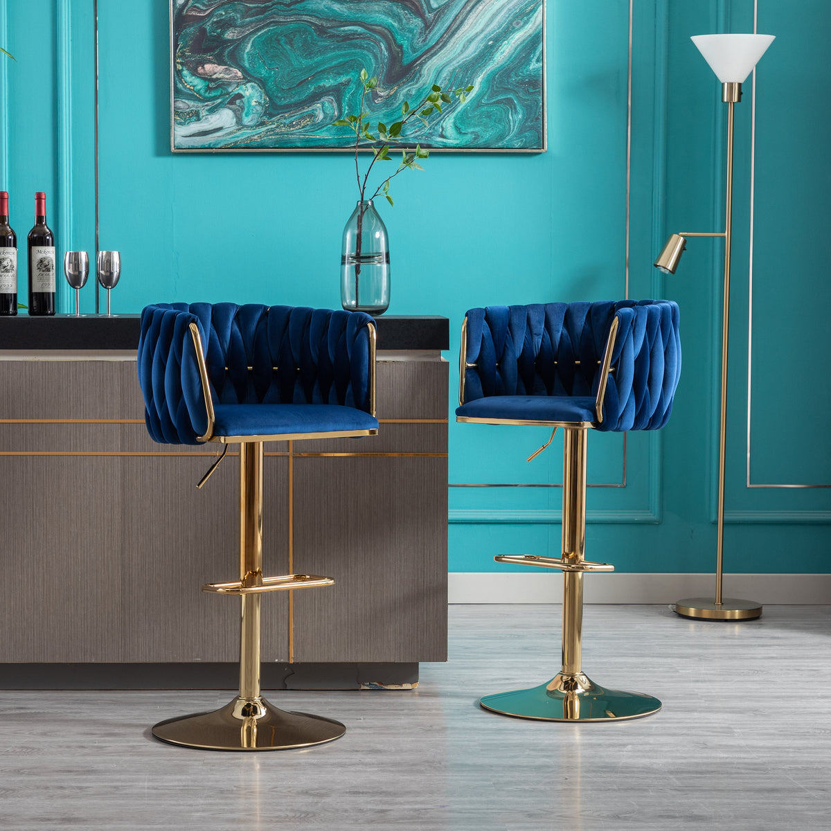 Modern Navy Velvet Adjustable Height Bar Stool Set of 2