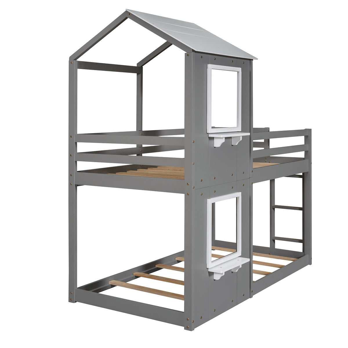 Twin Over Twin Bunk Bed Wood Bed with Roof, Window, Guardrail, Ladder Gray & White