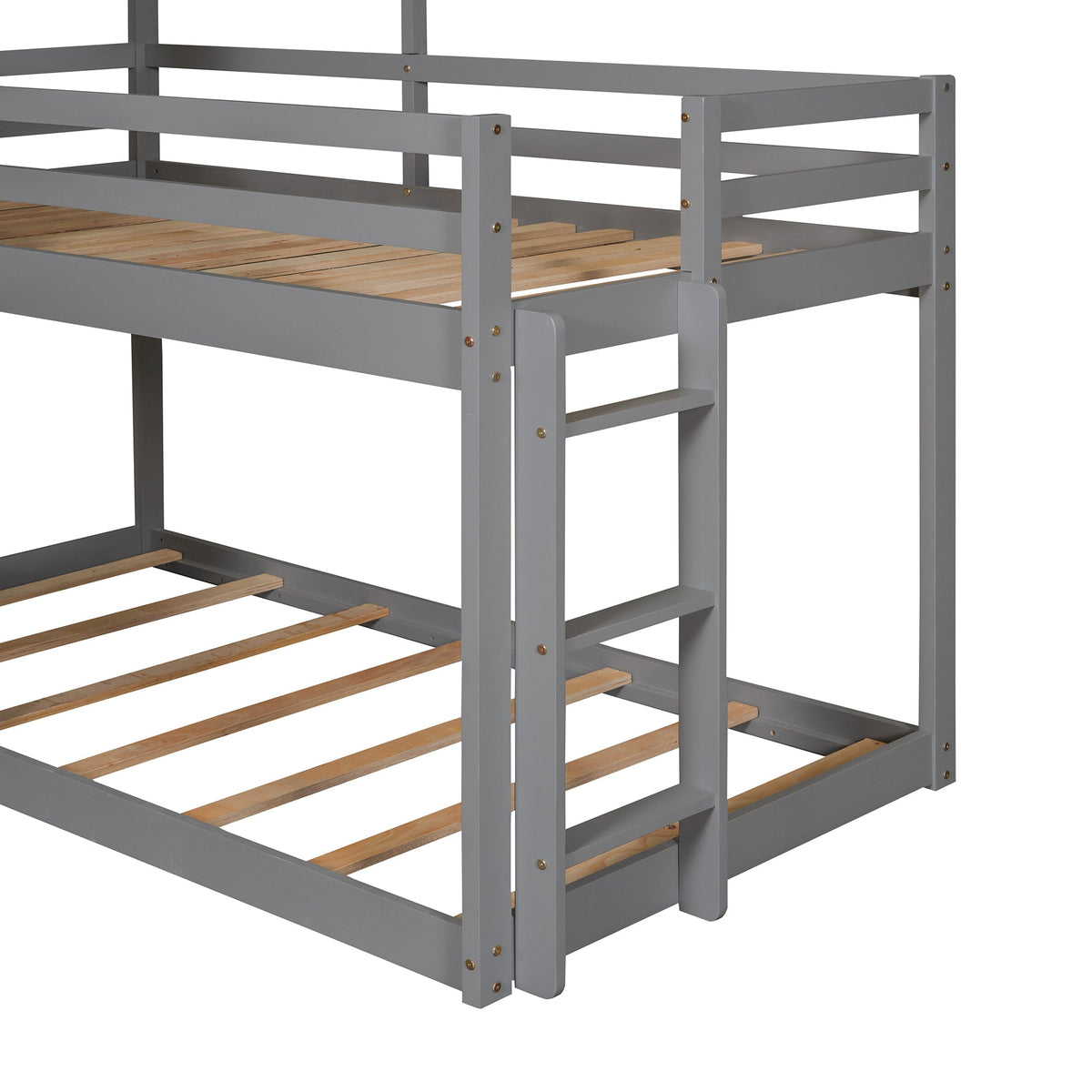 Twin Over Twin Bunk Bed Wood Bed with Roof, Window, Guardrail, Ladder Gray & White