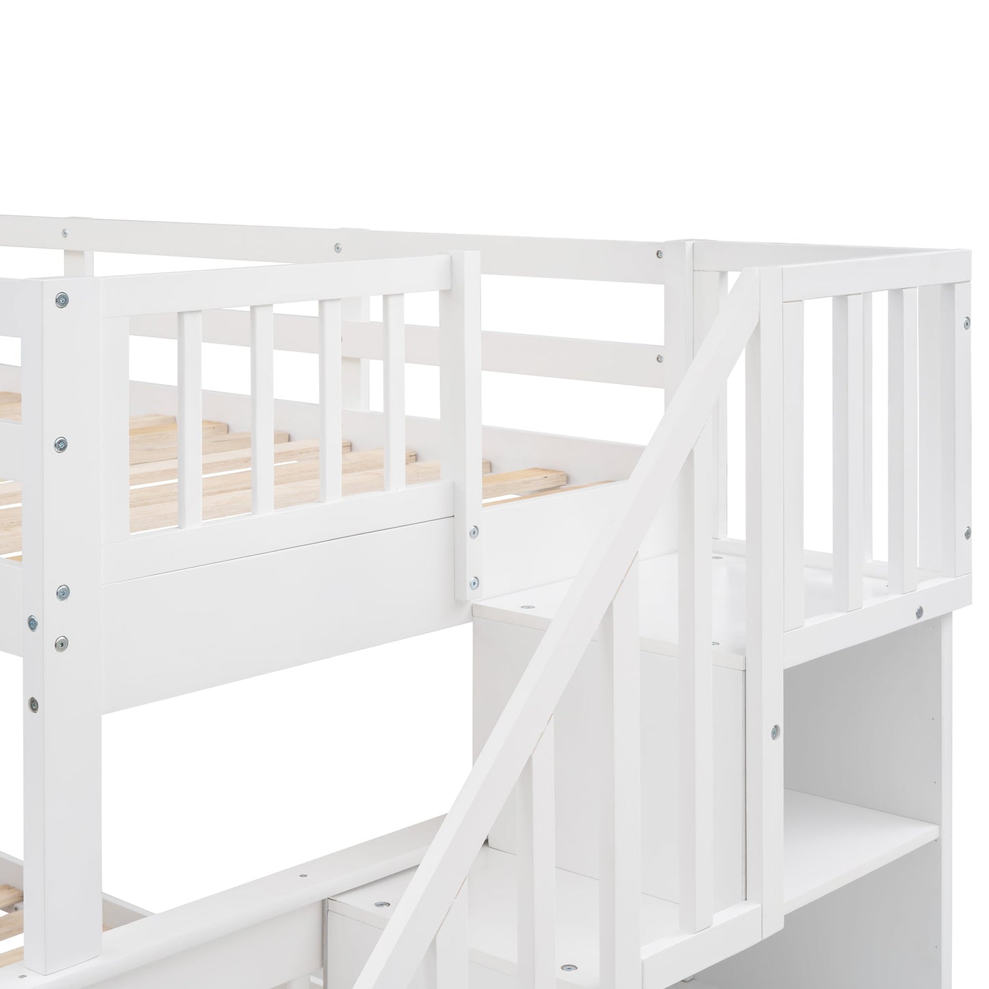 Twin-Over-Full Bunk Bed with Storage Stairway in White
