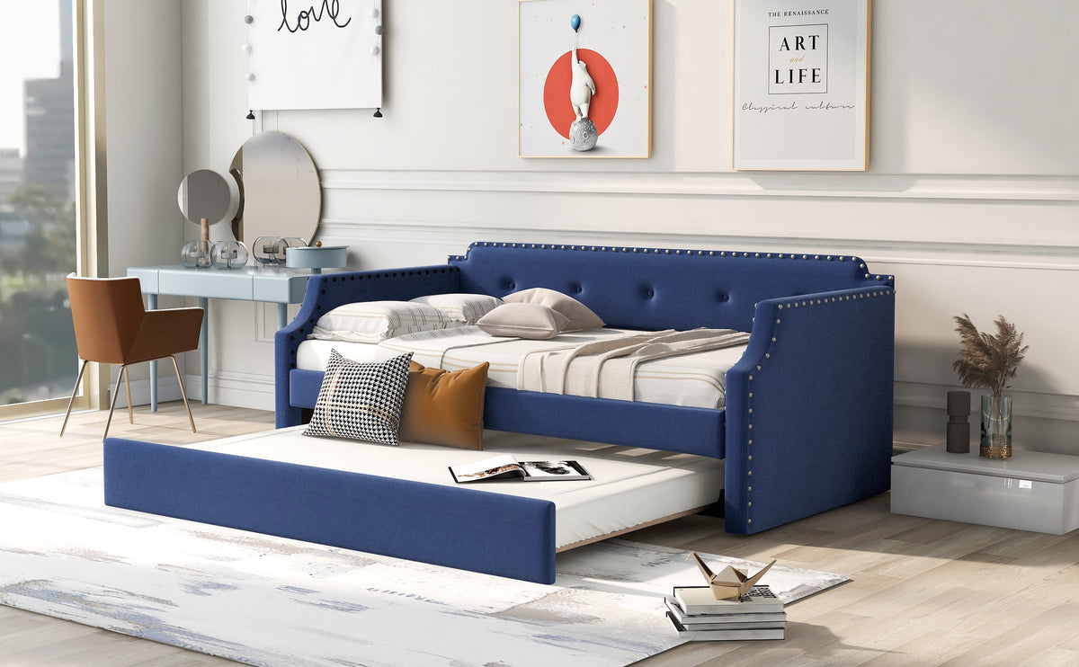 Contemporary Twin Size Blue Linen Daybed & Trundle