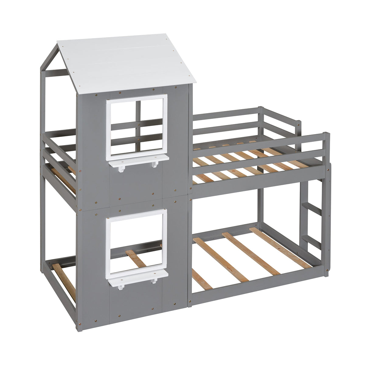 Twin Over Twin Bunk Bed Wood Bed with Roof, Window, Guardrail, Ladder Gray & White