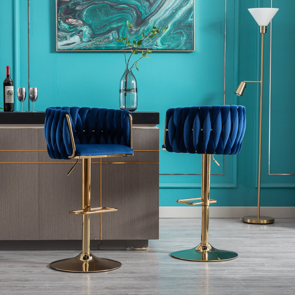 Modern Navy Velvet Adjustable Height Bar Stool Set of 2