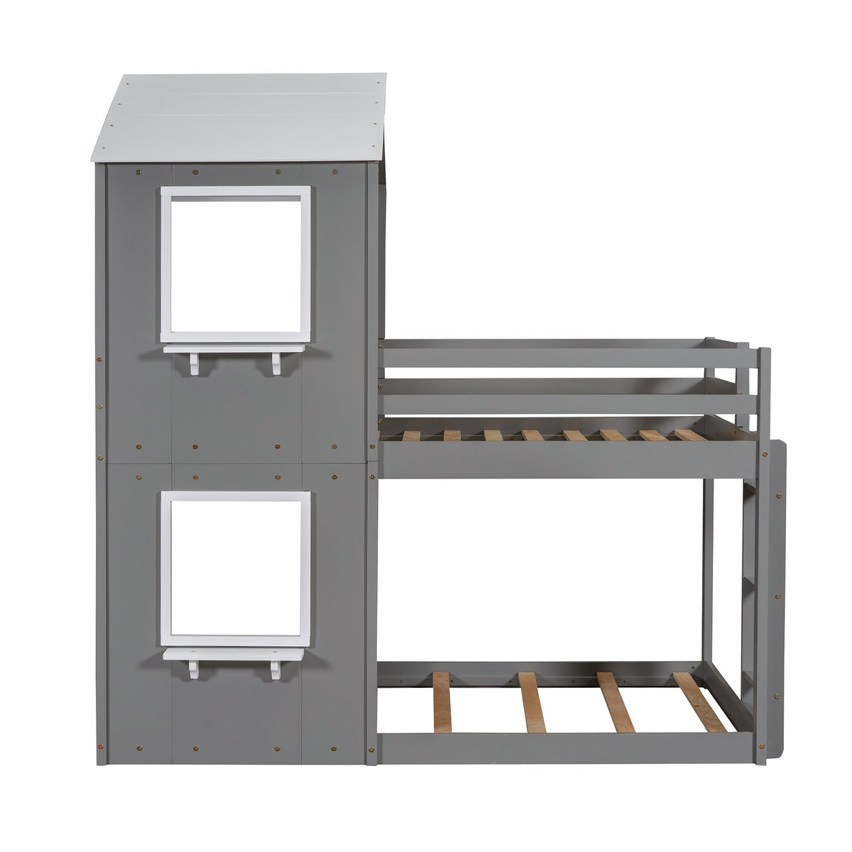 Twin Over Twin Bunk Bed Wood Bed with Roof, Window, Guardrail, Ladder Gray & White