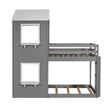 Twin Over Twin Bunk Bed Wood Bed with Roof, Window, Guardrail, Ladder Gray & White