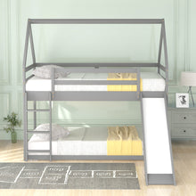 Twin Size Bunk House Bed with Slide and Ladder in Gray