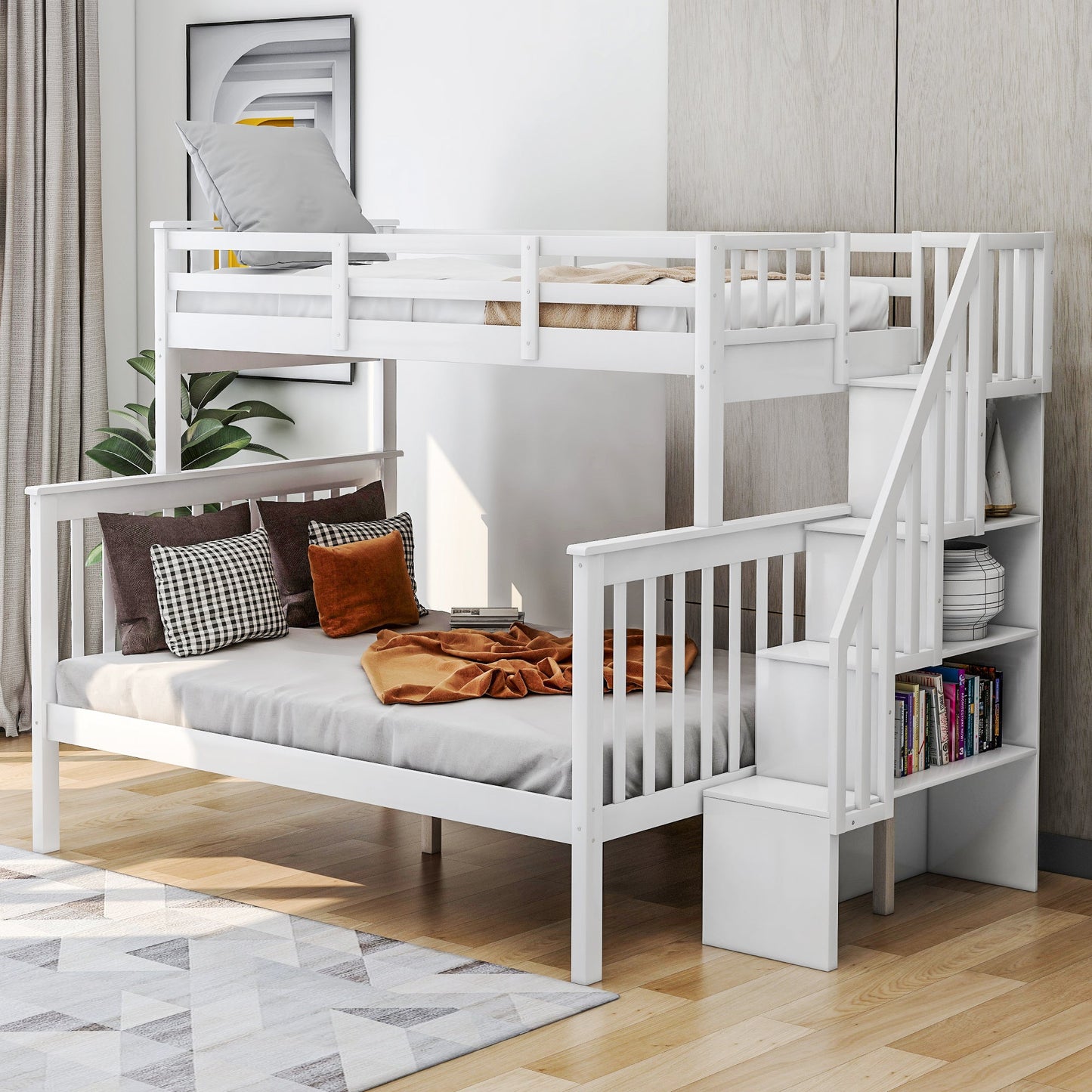 Twin-Over-Full Bunk Bed with Storage Stairway in White