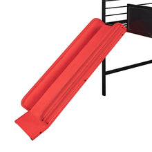 Metal House Bed With Slide, Twin Size Metal Loft Bed with Two-sided writable Wooden Board Black and Red