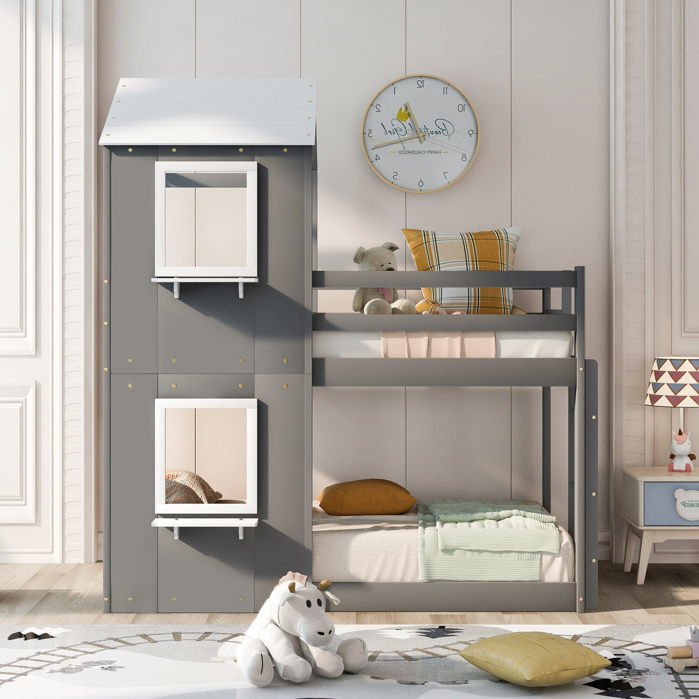 Twin Over Twin Bunk Bed Wood Bed with Roof, Window, Guardrail, Ladder Gray & White