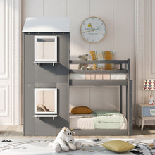 Twin Over Twin Bunk Bed Wood Bed with Roof, Window, Guardrail, Ladder Gray & White