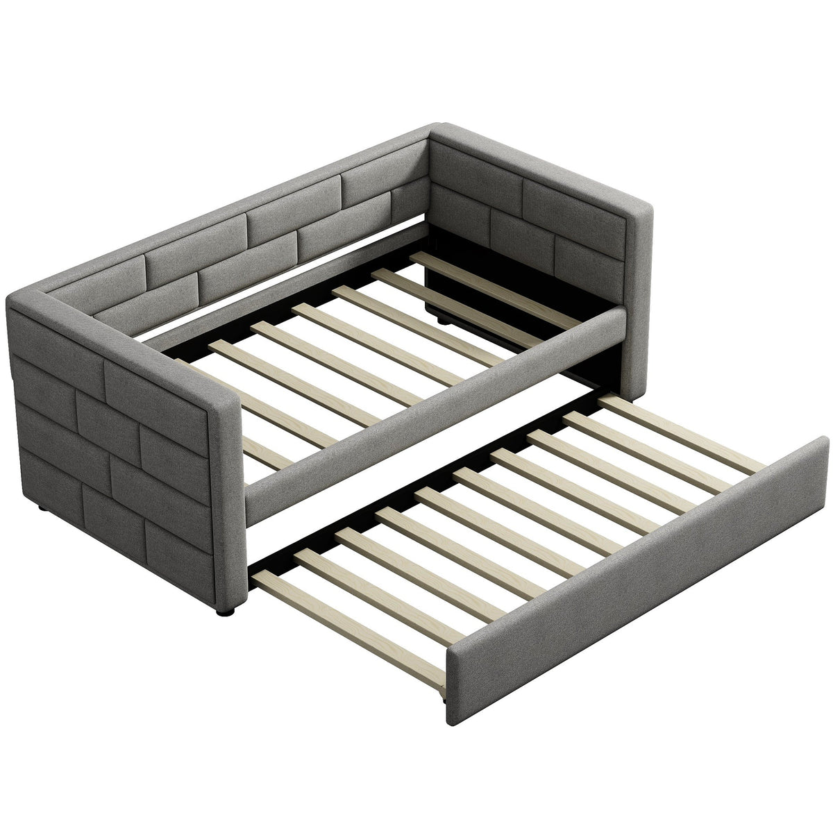 Twin Size Daybed with Trundle in Cube Tufted Gray Upholstery