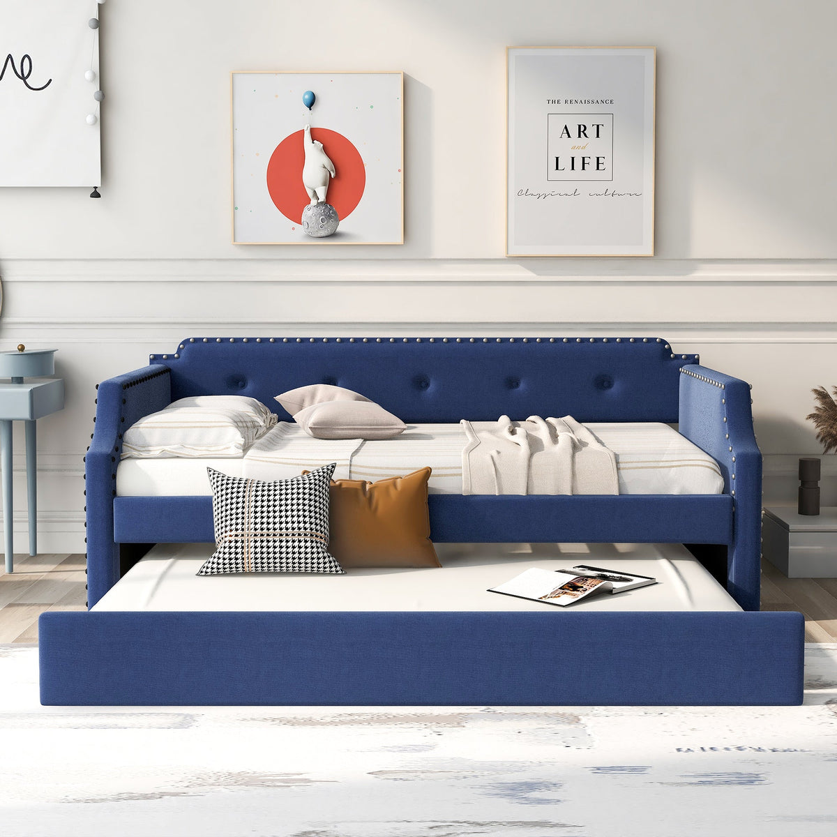 Contemporary Twin Size Blue Linen Daybed & Trundle