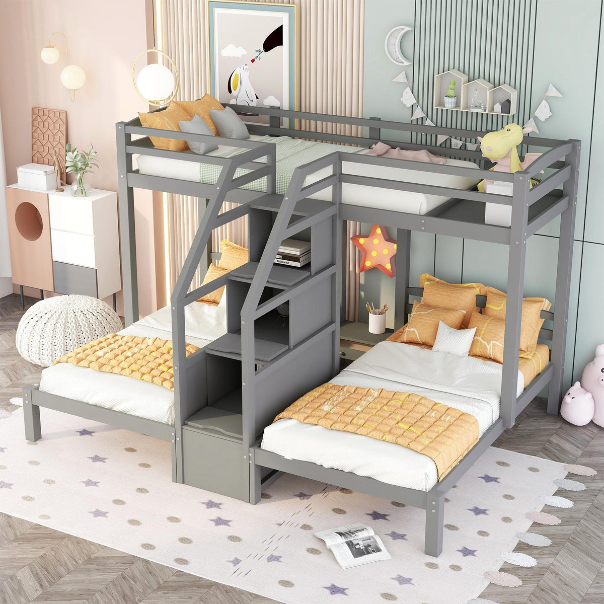 Twin over Twin & Twin Bunk Bed with Built-in Staircase and Storage in Gray