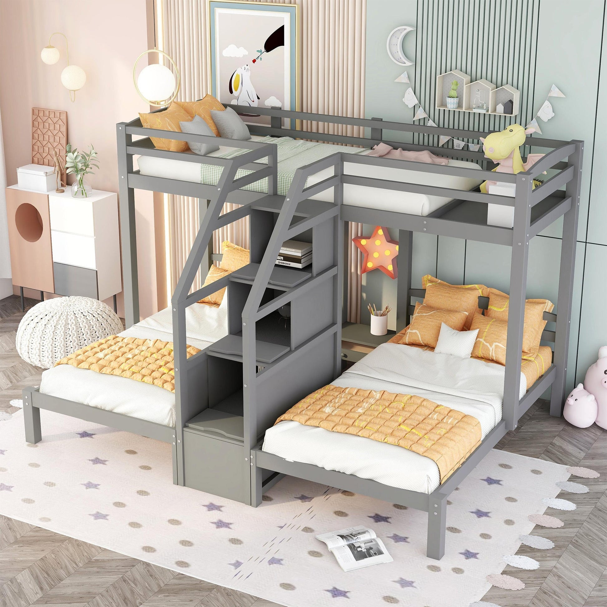 Twin over Twin & Twin Bunk Bed with Built-in Staircase and Storage in Gray