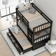 Twin over Twin Wood Bunk Bed with Trundle and Drawers, Espresso