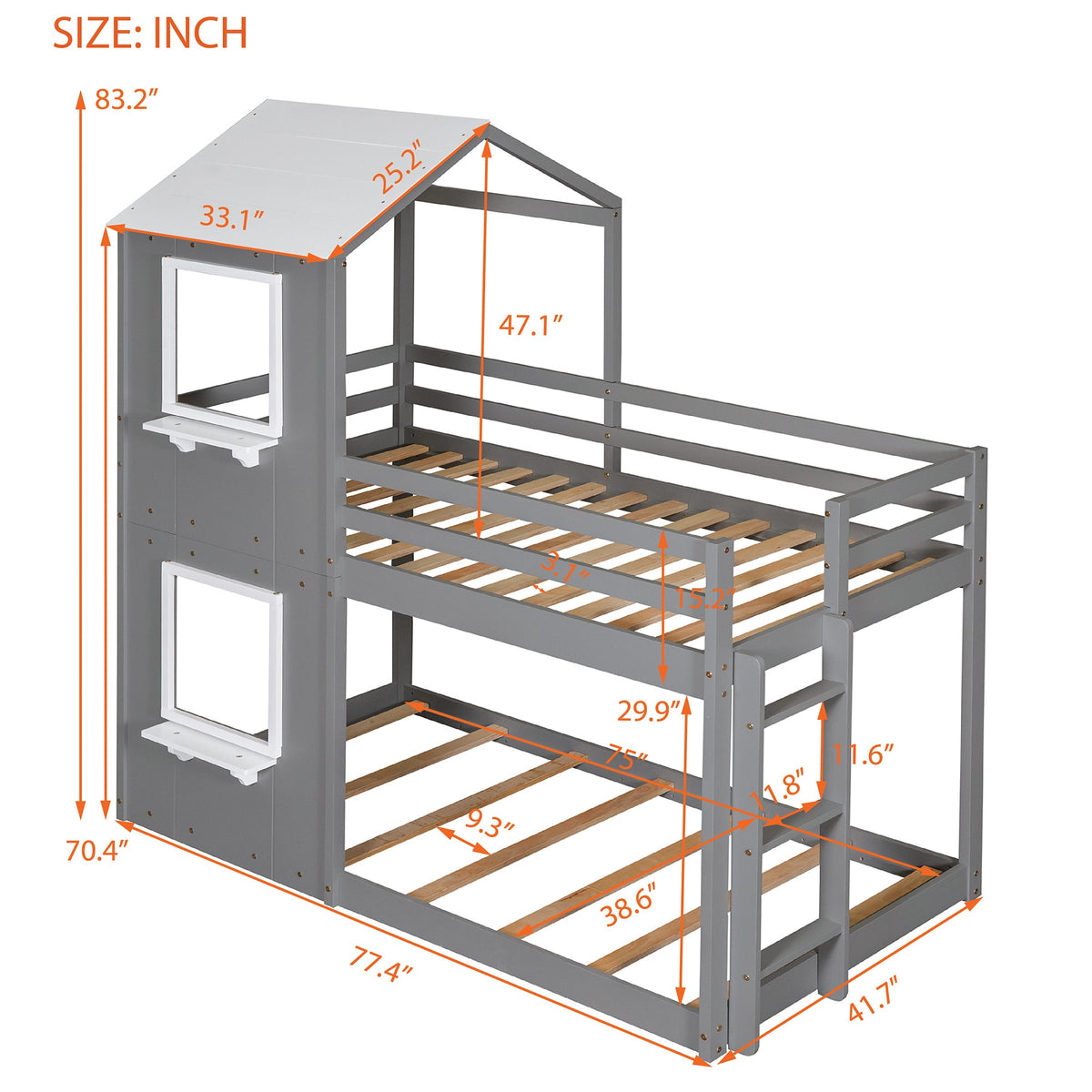 Twin Over Twin Bunk Bed Wood Bed with Roof, Window, Guardrail, Ladder Gray & White