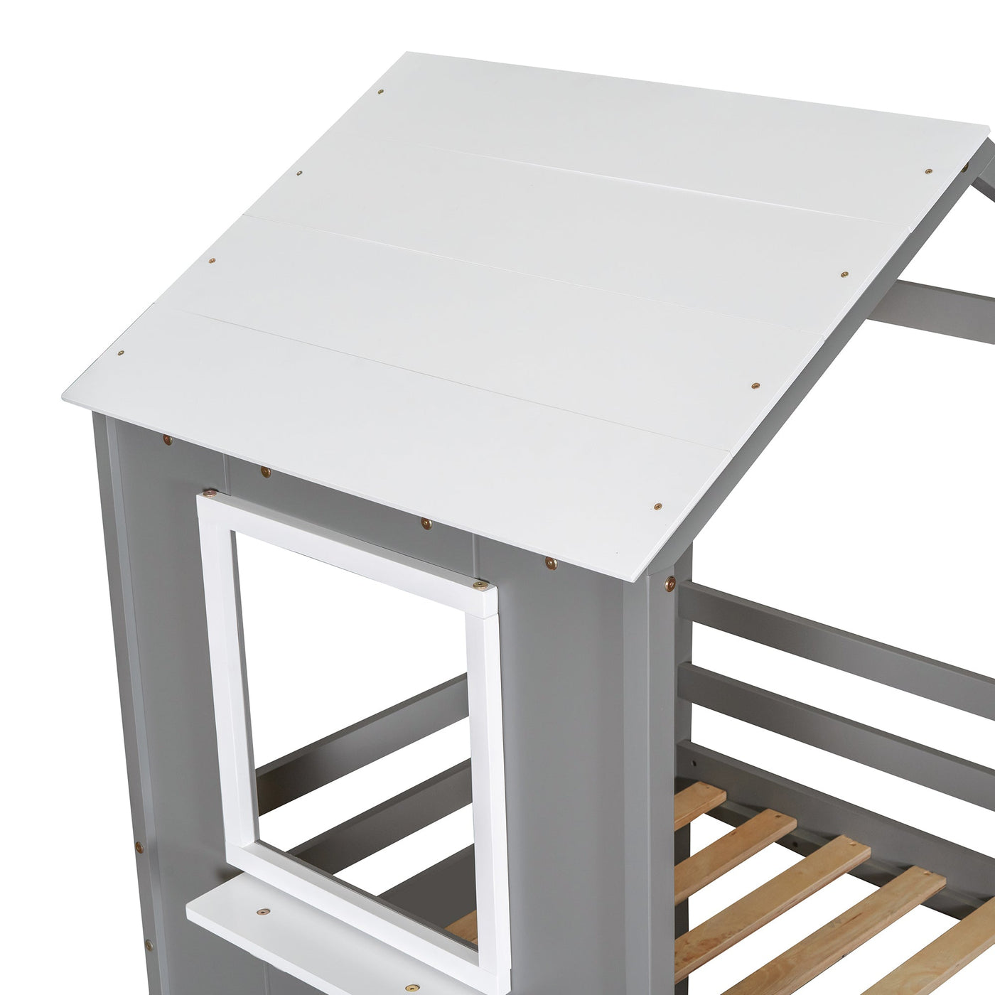 Twin Over Twin Bunk Bed Wood Bed with Roof, Window, Guardrail, Ladder Gray & White