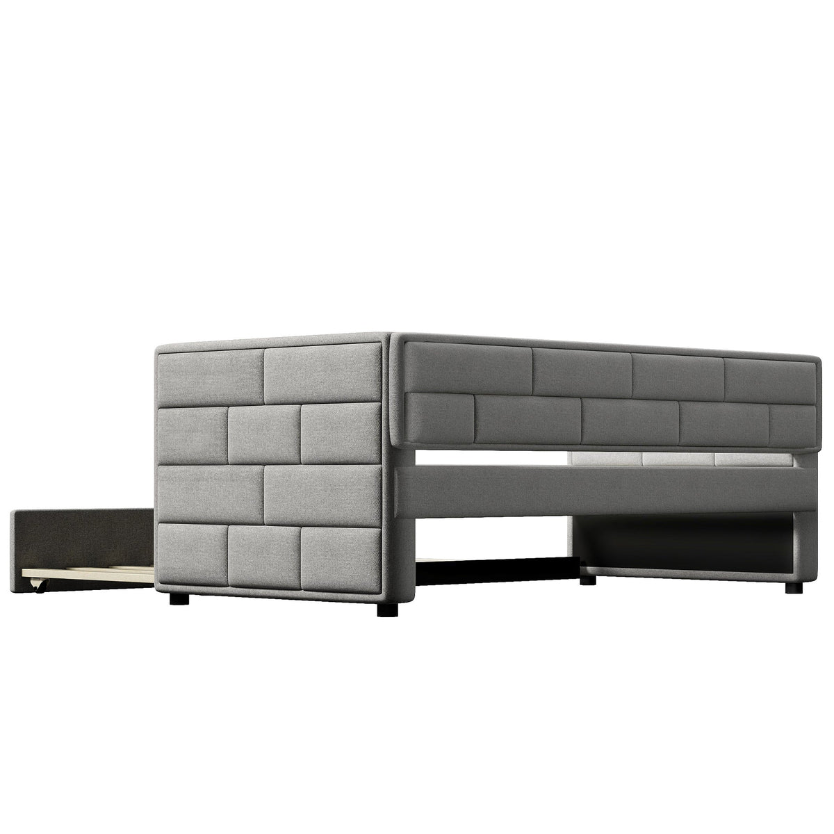 Twin Size Daybed with Trundle in Cube Tufted Gray Upholstery