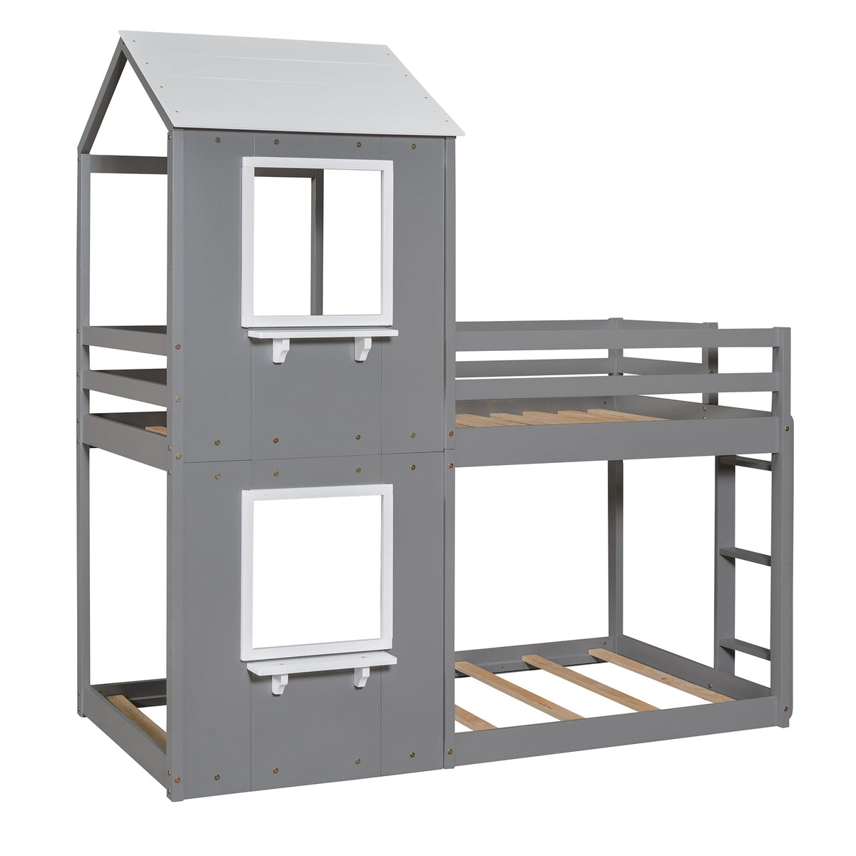 Twin Over Twin Bunk Bed Wood Bed with Roof, Window, Guardrail, Ladder Gray & White