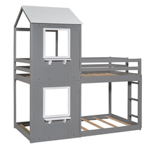 Twin Over Twin Bunk Bed Wood Bed with Roof, Window, Guardrail, Ladder Gray & White