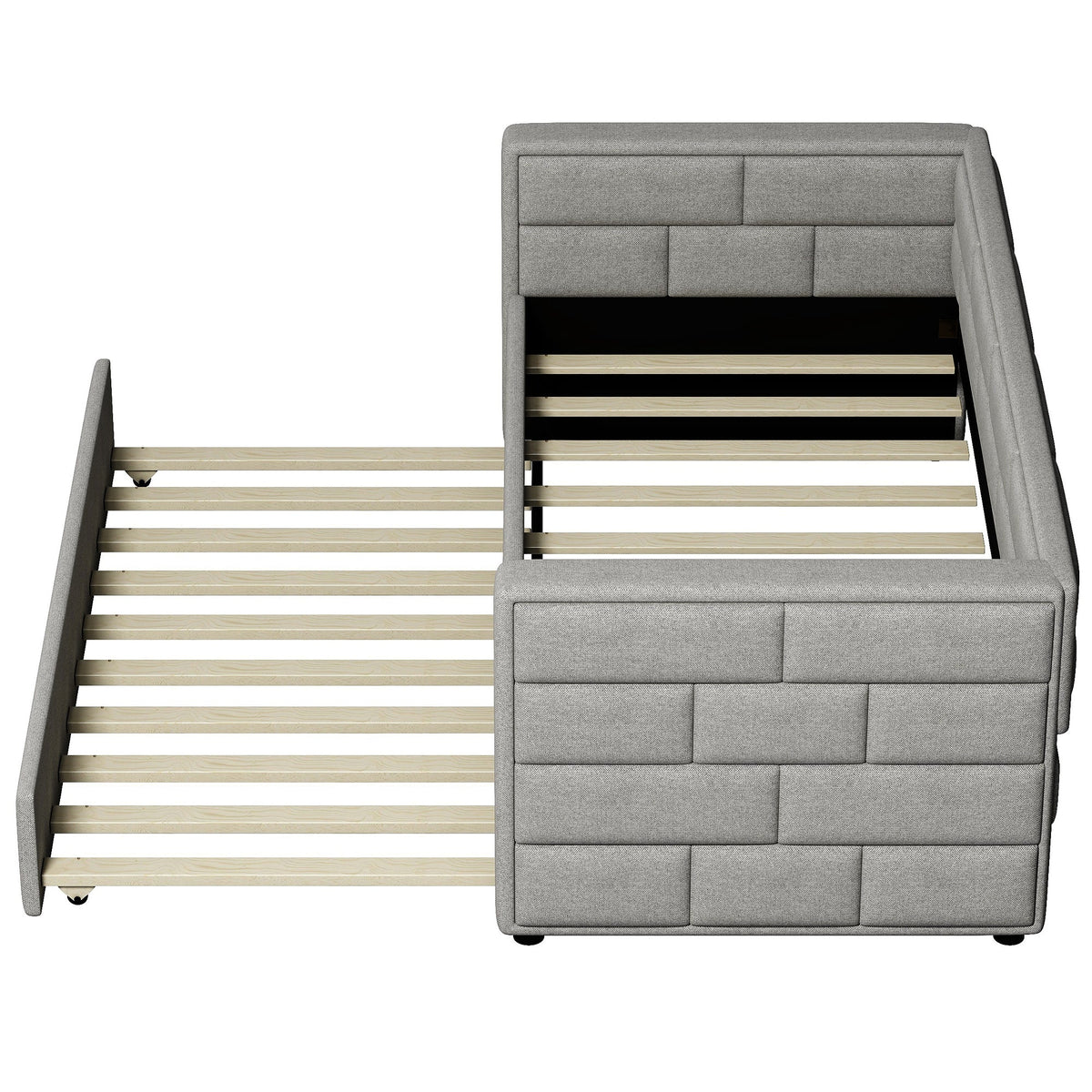 Twin Size Daybed with Trundle in Cube Tufted Gray Upholstery