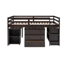 Low Study Twin Loft Bed with Cabinet and Rolling Portable Desk - Espresso