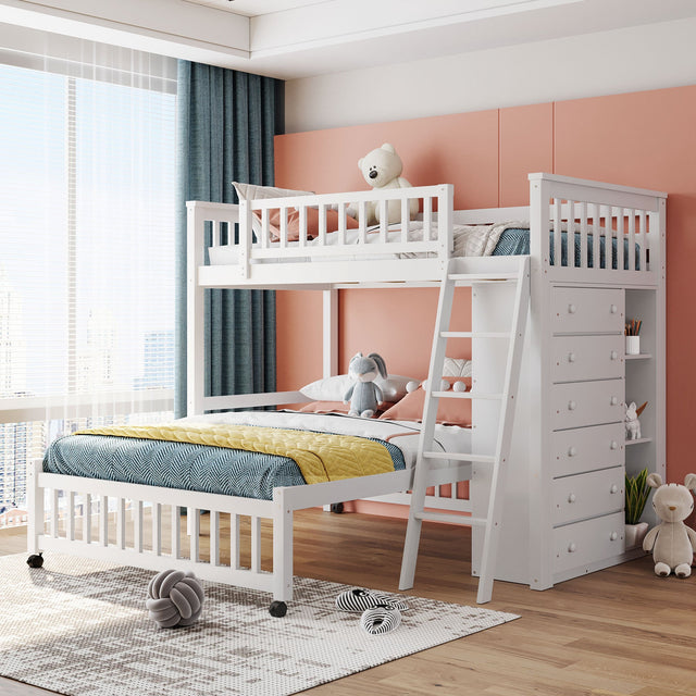 Twin Over Full Bunk Bed With Six Drawers Storage And Adjustable Shelves