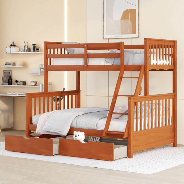 Twin-Over-Full Bunk Bed with Ladders and Two Storage Drawers Walnut