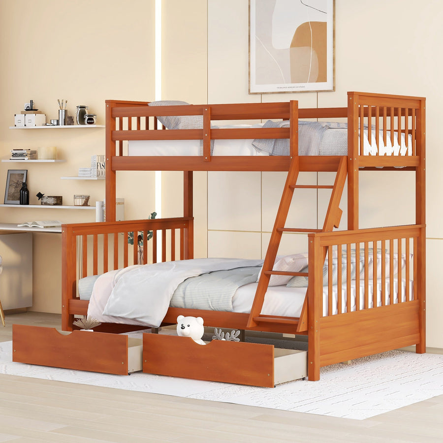 Twin-Over-Full Bunk Bed with Ladders and Two Storage Drawers Walnut